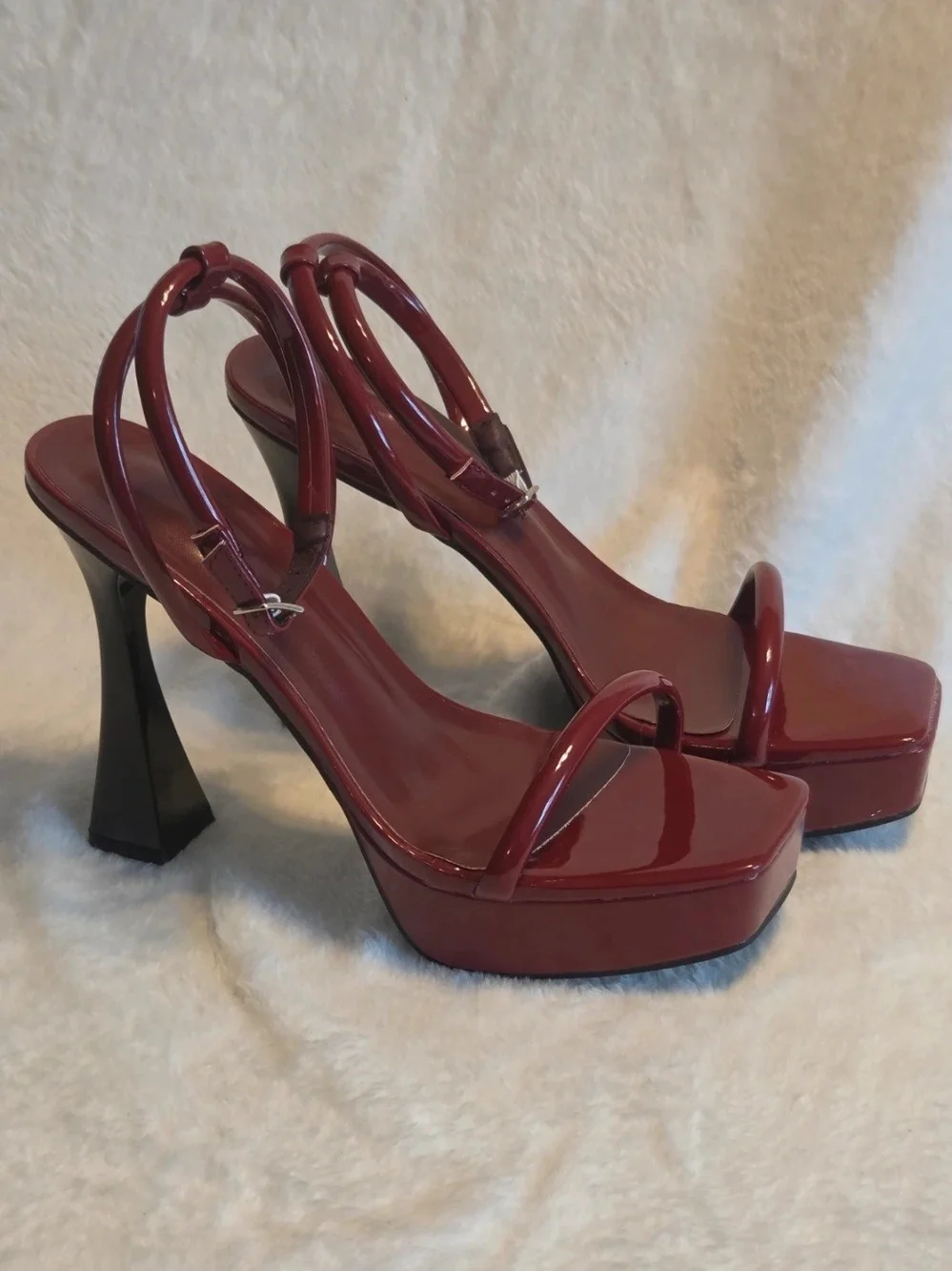 Patent Platform Ankle-Strap Heels in Burgundy